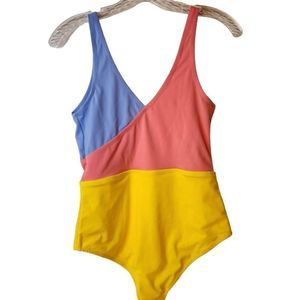 Crane Ladies Swimsuit Size Medium NWOT Pink Purple Blue Deep V-Neck and Back